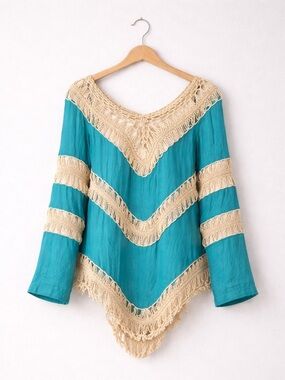 Umgee Teal Boho Tunic Crochet Lace Trim Top Size M Beachy Festival